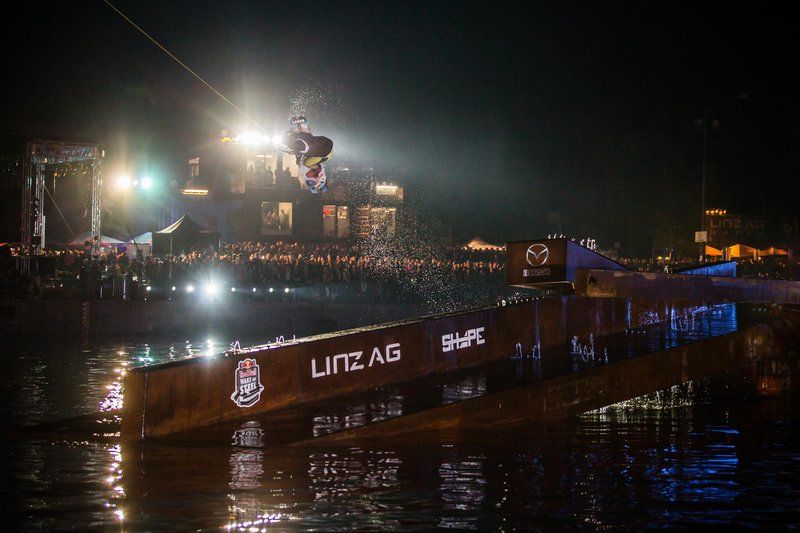 Daniel Fetz performing at the Red Bull Wake of Steel night session in Linz, Austria.